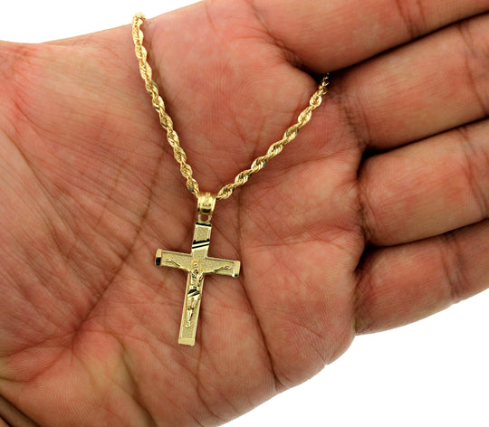 Real 10K Yellow Gold Diamond Cut Jesus Crucifix Cross Charm Pendant &amp; 2.5mm Rope Chain Necklace Set