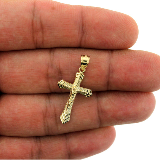 Real 10K Yellow Gold Diamond Cut Jesus Crucifix Cross Charm Pendant &amp; 2.5MM Rope Chain Necklace Set