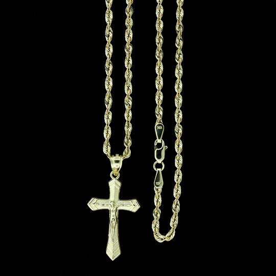 Real 10K Yellow Gold Diamond Cut Jesus Crucifix Cross Charm Pendant &amp; 2.5MM Rope Chain Necklace Set