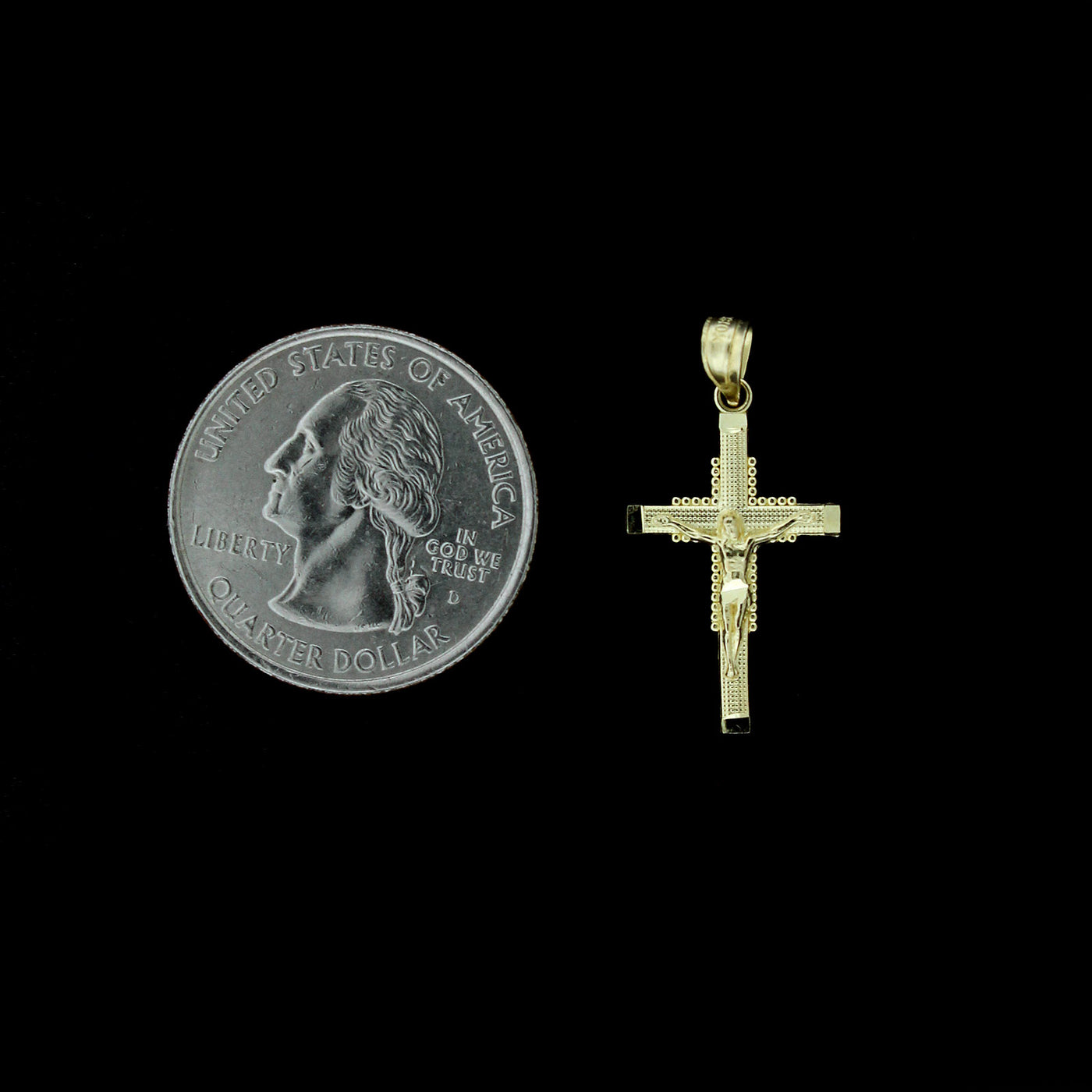 Real 10K Yellow Gold Diamond Cut Jesus Crucifix Cross Charm Pendant & Rope Chain Necklace Set