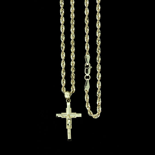 Real 10K Yellow Gold Diamond Cut Jesus Crucifix Cross Charm Pendant &amp; Rope Chain Necklace Set