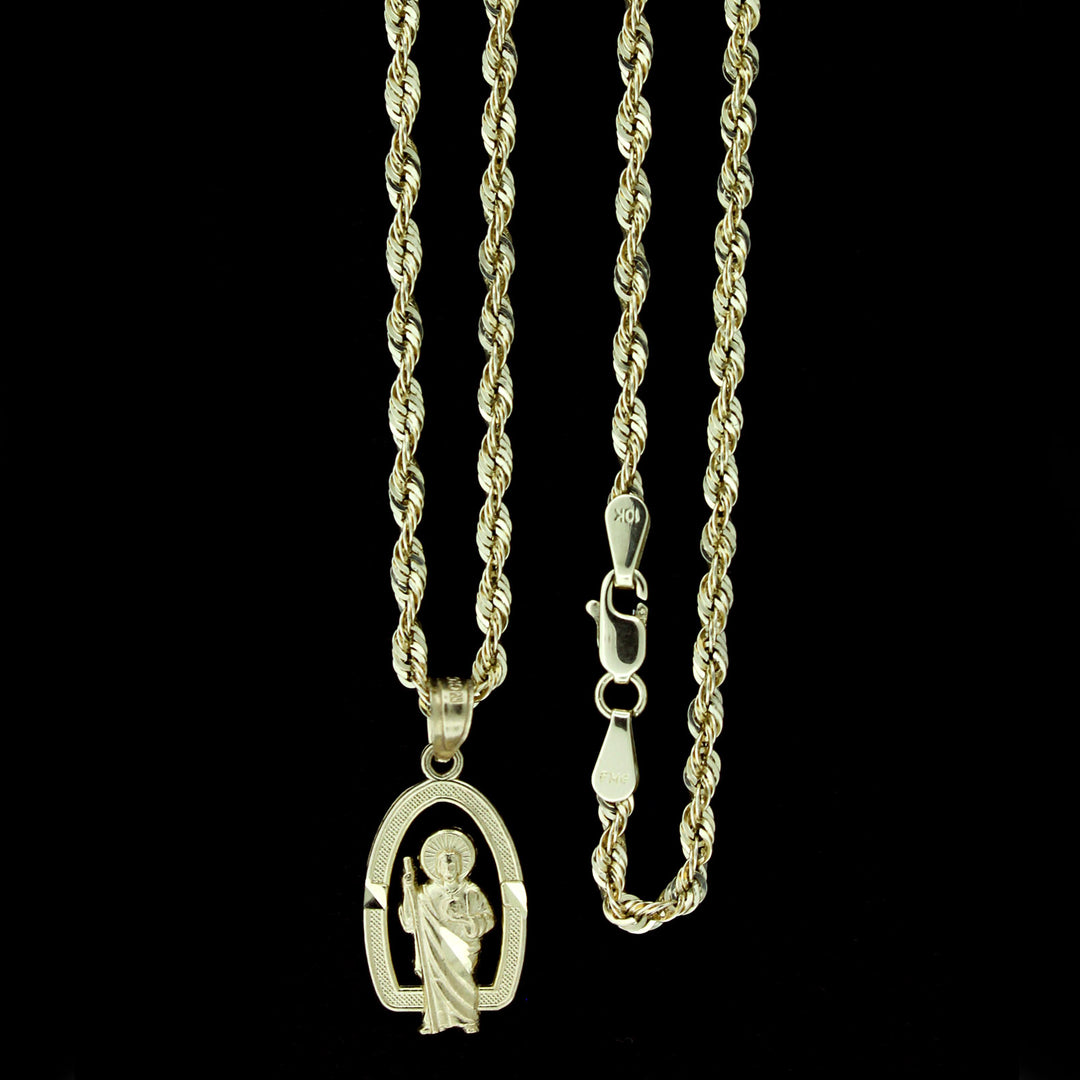 Real 10K Yellow Gold Saint Jude San Judas Pendant With 2mm Rope Chain Necklace Set