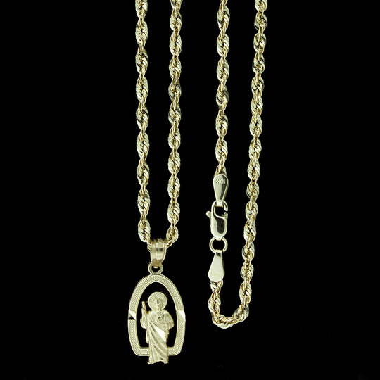 Real 10K Yellow Gold Saint Jude San Judas Pendant With 2mm Rope Chain Necklace Set