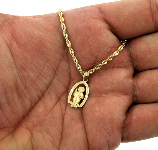 Real 10K Yellow Gold Saint Jude San Judas Pendant With 2mm Rope Chain Necklace Set