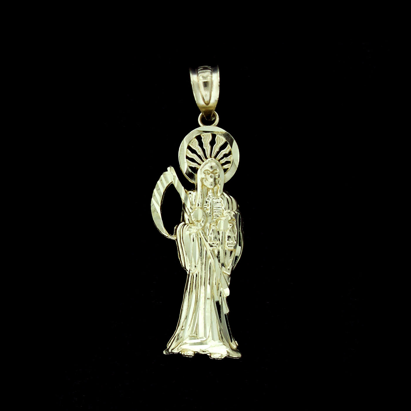 Real 10K Yellow Gold Diamond Cut Santa Muerte Grim Reaper Pendant