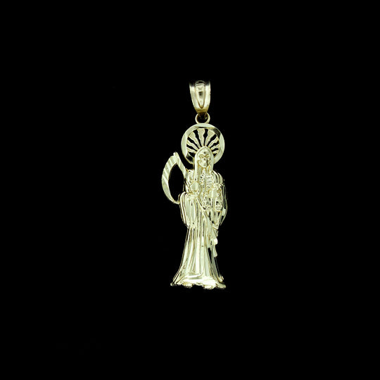 Real 10K Yellow Gold Diamond Cut Santa Muerte Grim Reaper Pendant