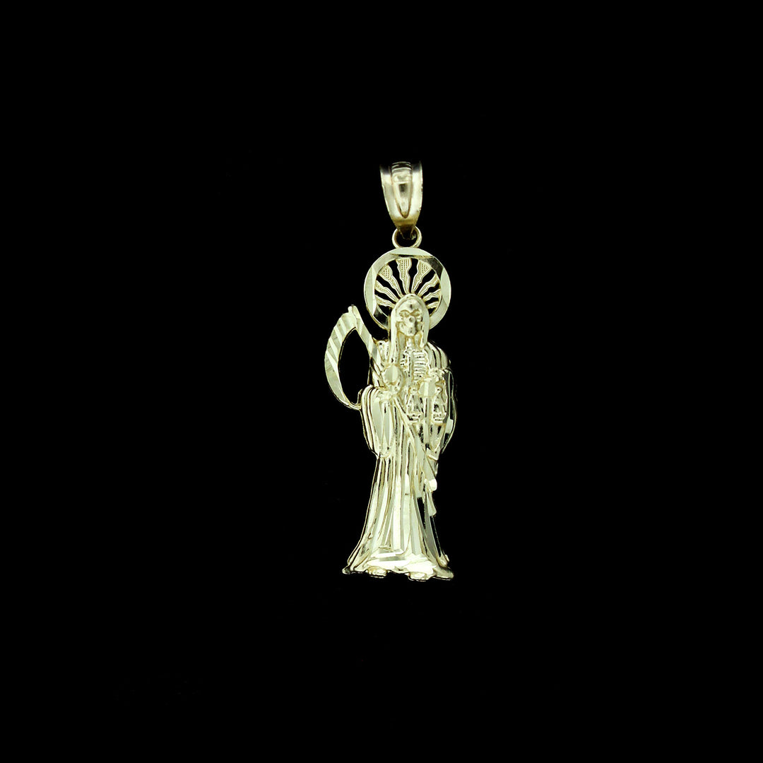 Mens 10K Yellow Gold Santa Muerte Grim Reaper Pendant &amp; 2.5mm Cuban Link Chain Necklace Set