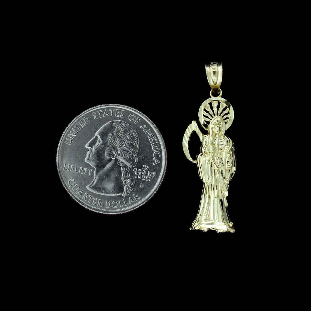 Real 10K Yellow Gold Diamond Cut Santa Muerte Grim Reaper Pendant