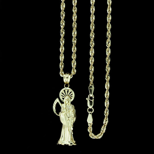 Mens 10K Yellow Gold Santa Muerte Grim Reaper Pendant &amp; 2.5mm Rope Chain Necklace Set