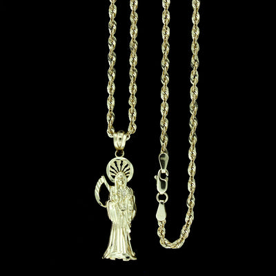 Mens 10K Yellow Gold Santa Muerte Grim Reaper Pendant & 2.5mm Rope Chain Necklace Set