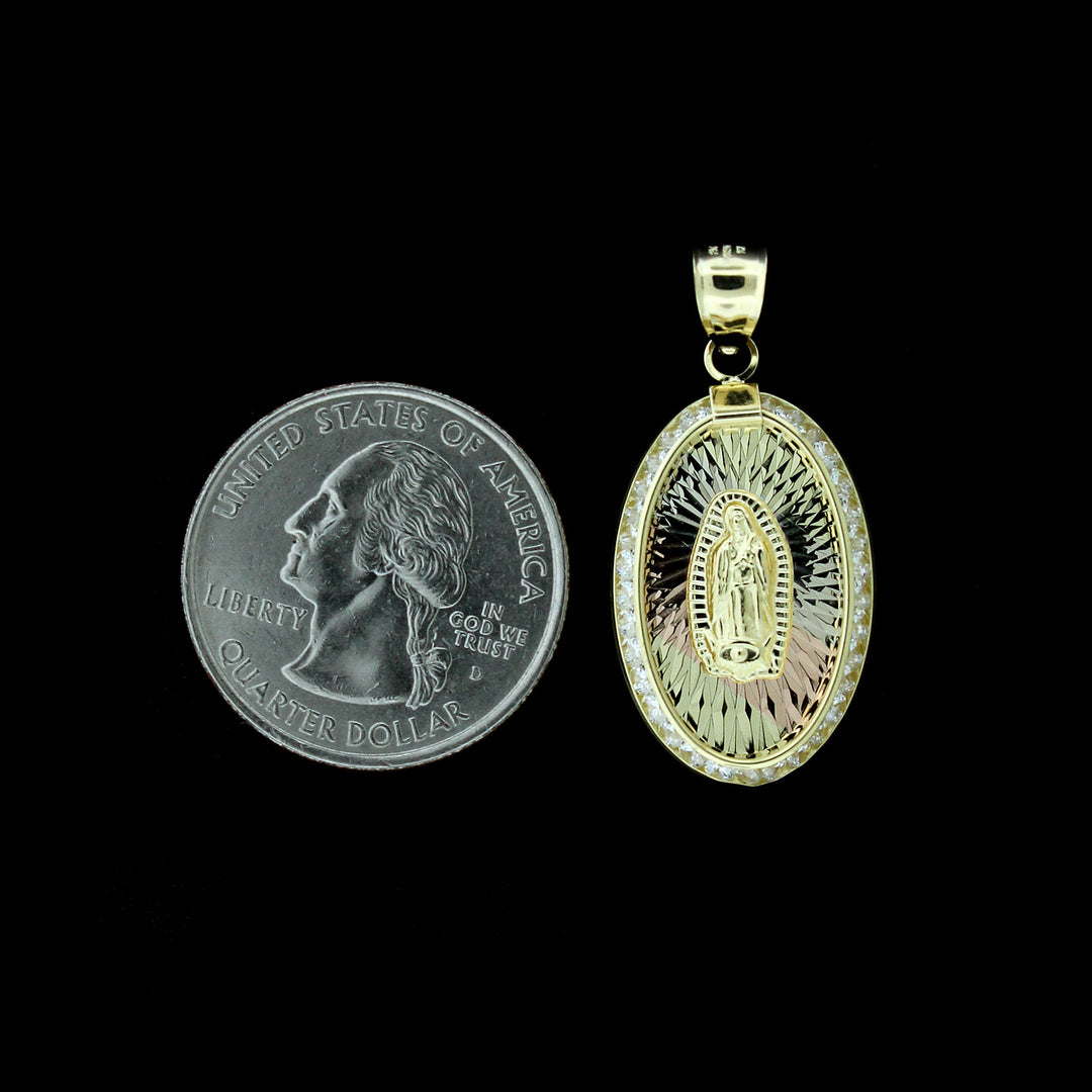 Mens 10K Yellow Gold Virgin Mary Lady of Guadalupe Oval Pendant &amp; 2.5mm Rope Chain Necklace Set