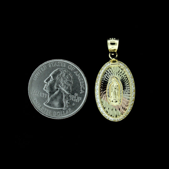 Mens 10K Yellow Gold Virgin Mary Lady of Guadalupe Oval Pendant &amp; 2.5mm Rope Chain Necklace Set