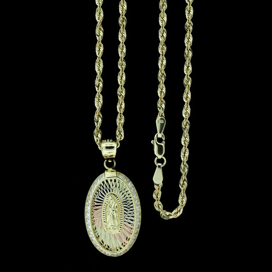 Mens 10K Yellow Gold Virgin Mary Lady of Guadalupe Oval Pendant &amp; 2.5mm Rope Chain Necklace Set