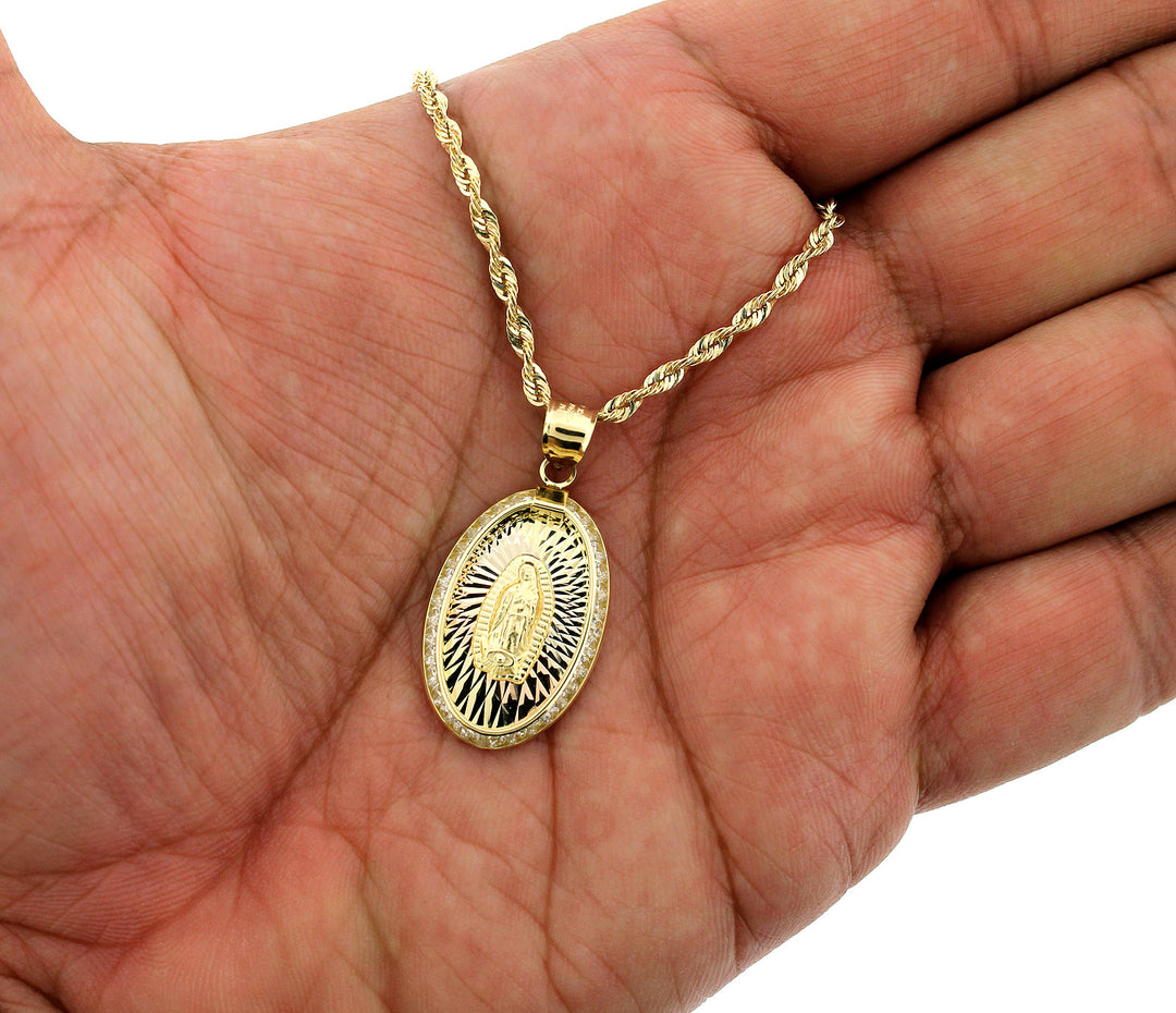 Mens 10K Yellow Gold Virgin Mary Lady of Guadalupe Oval Pendant &amp; 2.5mm Rope Chain Necklace Set
