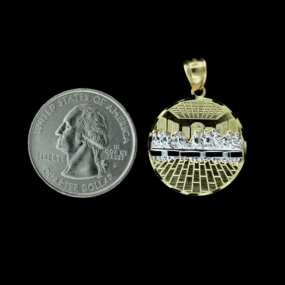 Mens 10K Yellow Gold Medium Last Supper Jesus Charm Pendant & 2.5mm Rope Chain Necklace Set