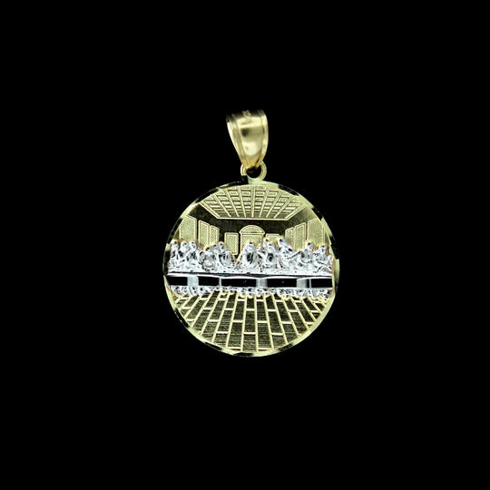 Mens 10K Yellow Gold Medium Last Supper Jesus Charm Pendant &amp; 2.5mm Rope Chain Necklace Set