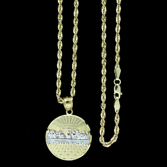 Mens 10K Yellow Gold Medium Last Supper Jesus Charm Pendant &amp; 2.5mm Rope Chain Necklace Set