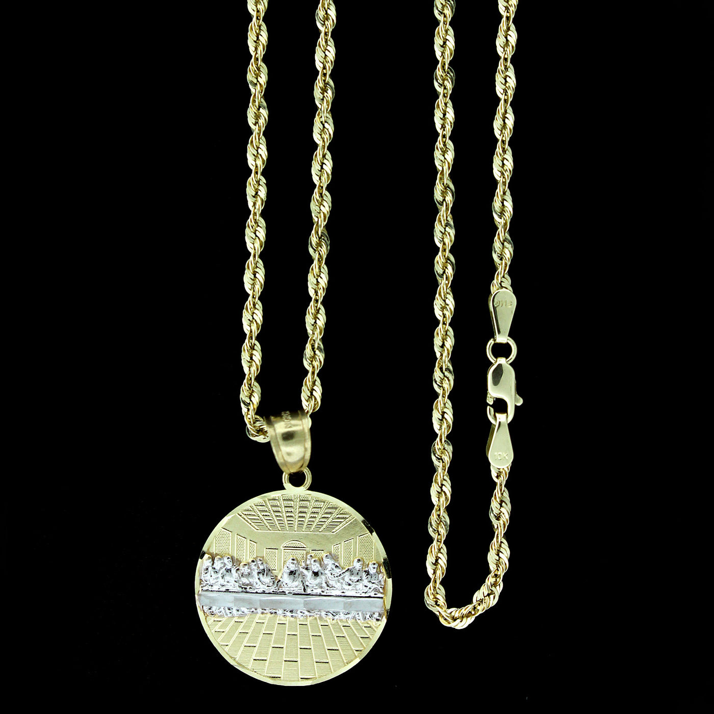 Mens 10K Yellow Gold Medium Last Supper Jesus Charm Pendant & 2.5mm Rope Chain Necklace Set