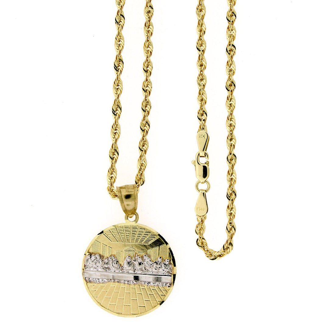 Mens 10K Yellow Gold Medium Last Supper Jesus Charm Pendant &amp; 2.5mm Rope Chain Necklace Set