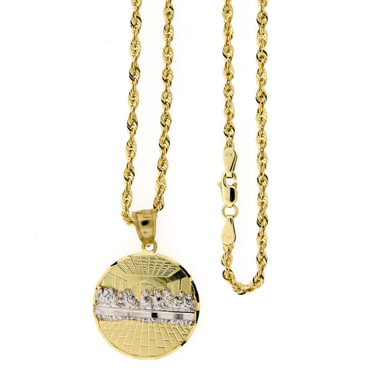 Mens 10K Yellow Gold Medium Last Supper Jesus Charm Pendant &amp; 2.5mm Rope Chain Necklace Set