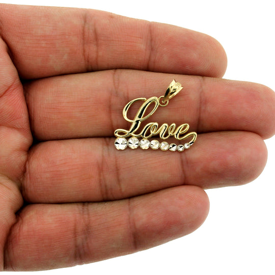 Mens 10K Solid Yellow Gold LOVE Script Heart Pendant With 2.5mm Rope Chain Necklace Set