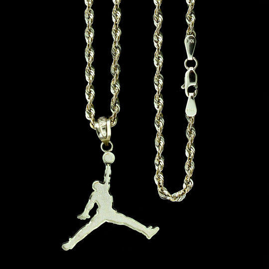 Mens 10K Solid Yellow Gold Michael Jordan Jumpman Pendant With 2.5mm Rope Chain Necklace Set