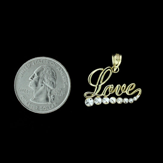 Mens 10K Solid Yellow Gold LOVE Script Heart Pendant With 2.5mm Rope Chain Necklace Set