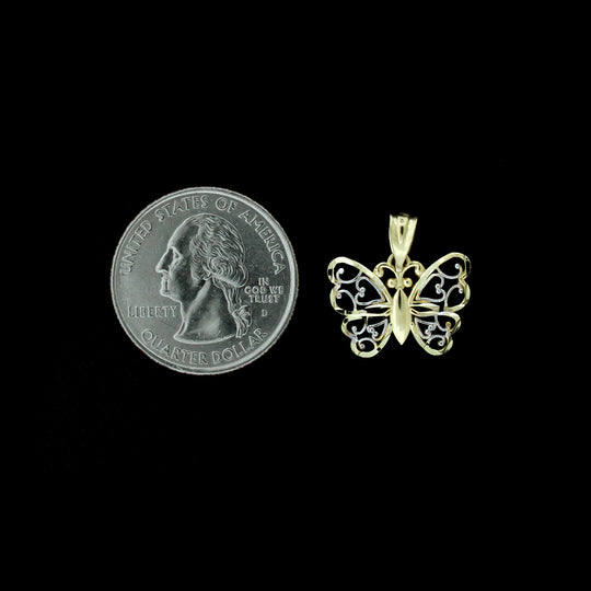 Mens 10K Yellow Gold Butterfly Charm Pendant &amp; 2mm Rope Chain Necklace Set