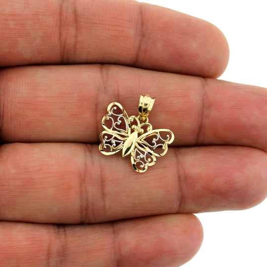 10K Yellow Gold Diamond Cut Butterfly Charm Pendant, 10KT Real Gold