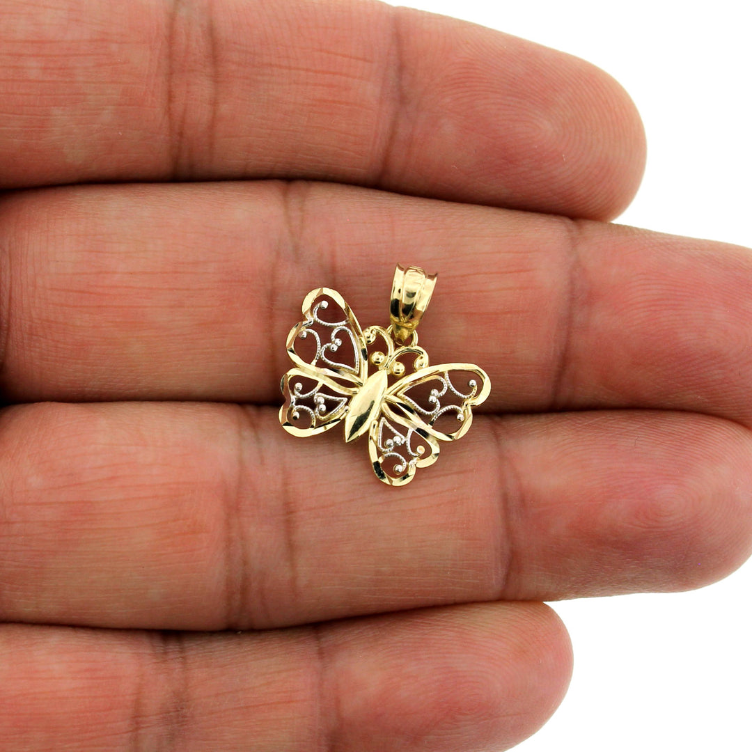 Mens 10K Yellow Gold Butterfly Charm Pendant &amp; 2mm Rope Chain Necklace Set