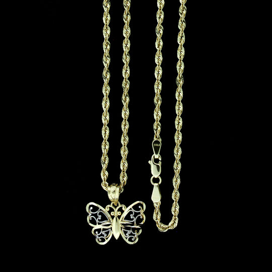 Mens 10K Yellow Gold Butterfly Charm Pendant &amp; 2mm Rope Chain Necklace Set