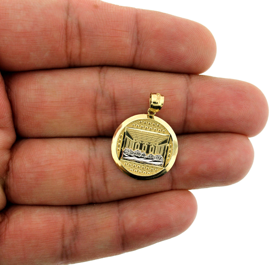 Mens 10K Yellow Gold Last Supper Jesus Charm Pendant &amp; 2.5mm Rope Chain Necklace Set