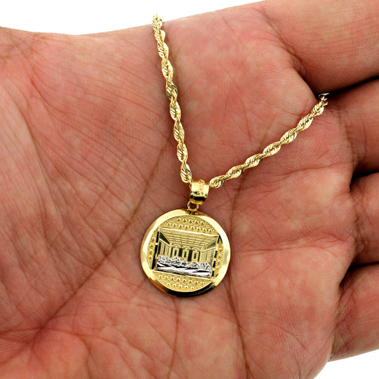 Mens 10K Yellow Gold Last Supper Jesus Charm Pendant &amp; 2.5mm Rope Chain Necklace Set