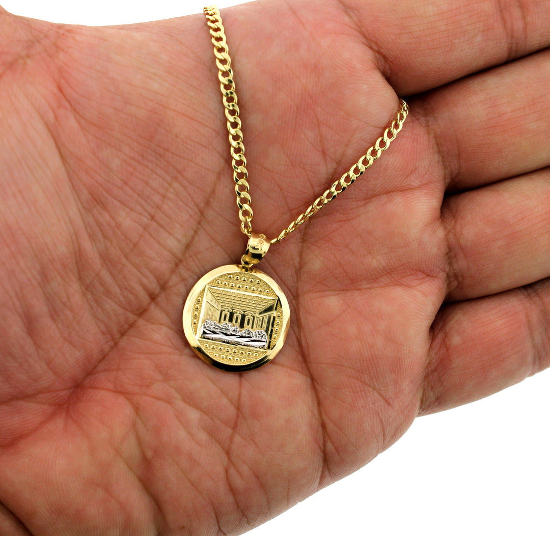 Mens 10K Yellow Gold Last Supper Jesus Charm Pendant &amp; 2.5mm Cuban Chain Necklace Set