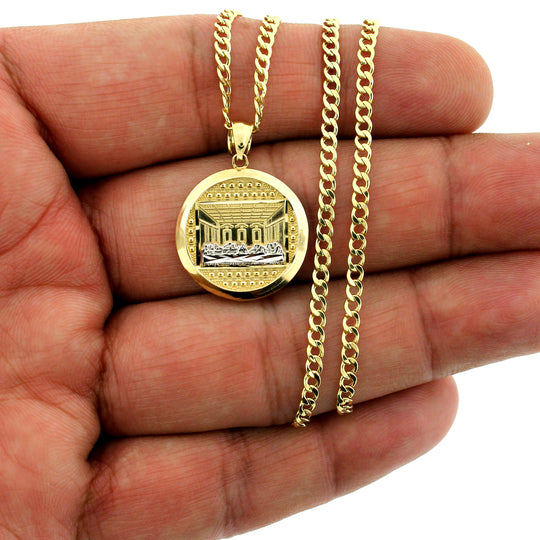Mens 10K Yellow Gold Last Supper Jesus Charm Pendant &amp; 2.5mm Cuban Chain Necklace Set