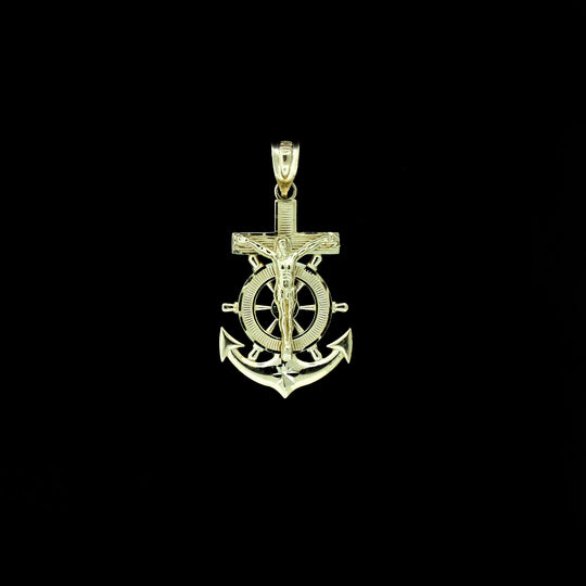 Real 10K Yellow Gold Mens Anchor Cross Pendant Diamond Cut Jesus Crucifix Charm