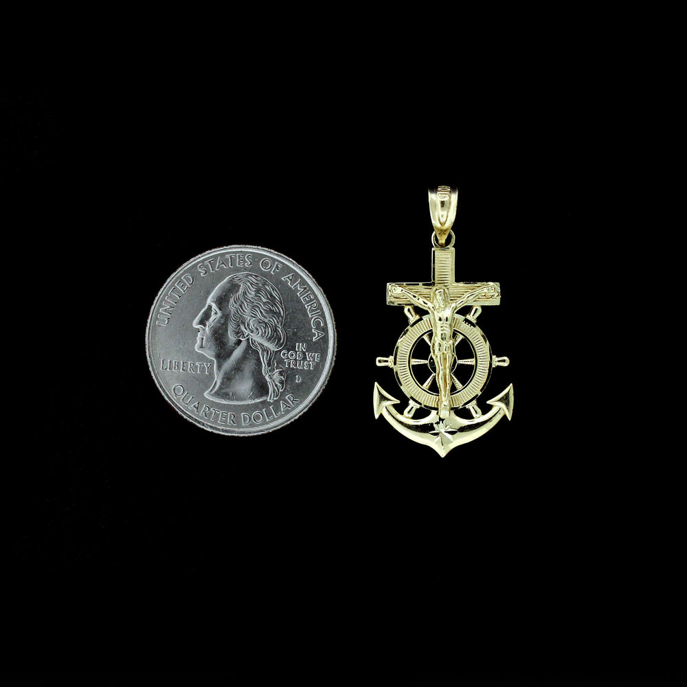 Real 10K Yellow Gold Mens Anchor Cross Pendant Diamond Cut Jesus Crucifix Charm