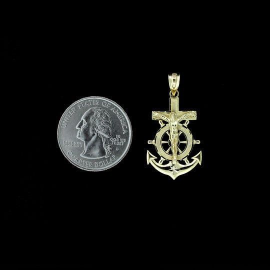 Real 10K Yellow Gold Mens Anchor Cross Pendant Diamond Cut Jesus Crucifix Charm