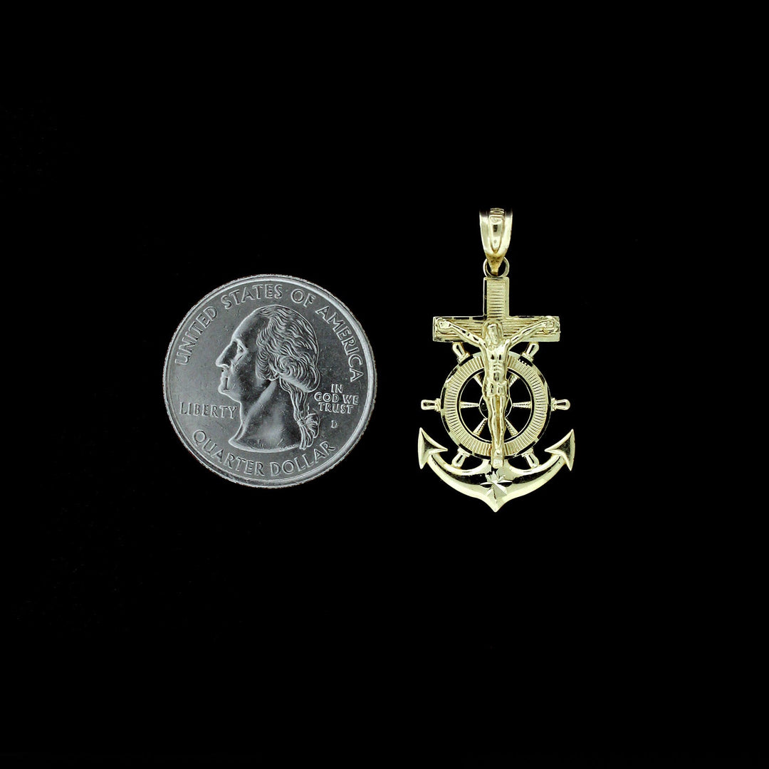 Mens 10K Yellow Gold Jesus Anchor Cross Charm Pendant &amp; 2.5mm Cuban Link Chain Necklace Set