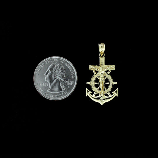 Mens 10K Yellow Gold Jesus Anchor Cross Charm Pendant &amp; 2.5mm Cuban Link Chain Necklace Set