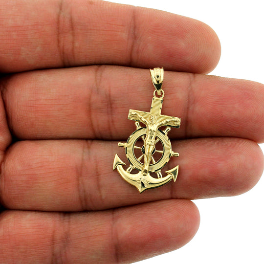 Mens 10K Yellow Gold Jesus Anchor Cross Charm Pendant &amp; 2.5mm Rope Chain Necklace Set