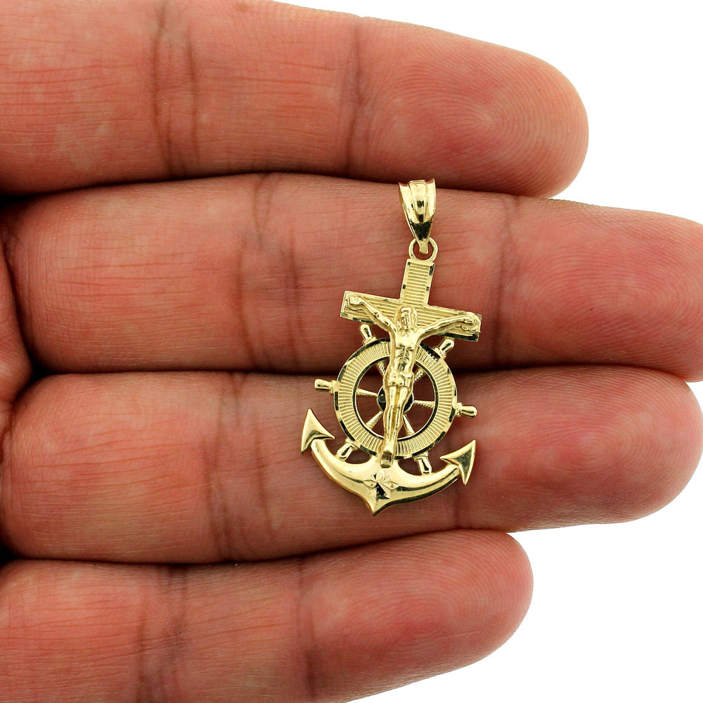 Mens 10K Yellow Gold Jesus Anchor Cross Charm Pendant & 2.5mm Cuban Link Chain Necklace Set