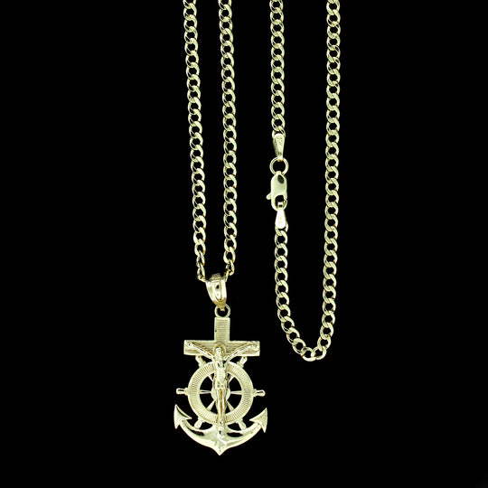 Mens 10K Yellow Gold Jesus Anchor Cross Charm Pendant &amp; 2.5mm Cuban Link Chain Necklace Set
