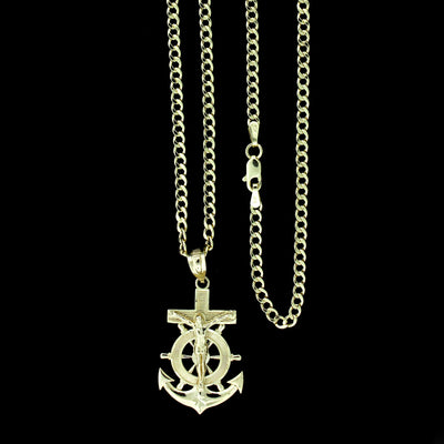 Mens 10K Yellow Gold Jesus Anchor Cross Charm Pendant & 2.5mm Cuban Link Chain Necklace Set