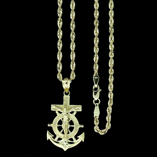 Mens 10K Yellow Gold Jesus Anchor Cross Charm Pendant &amp; 2.5mm Rope Chain Necklace Set