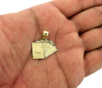 Real 10K Yellow Gold Diamond Cut Ace of Spades Poker Playing Cards Charm Pendant