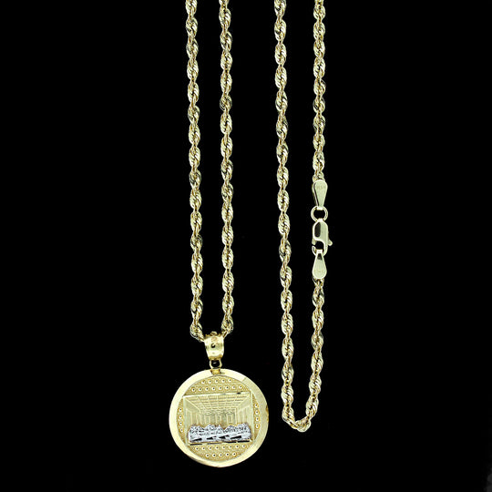 Mens 10K Yellow Gold Last Supper Jesus Charm Pendant &amp; 2.5mm Rope Chain Necklace Set