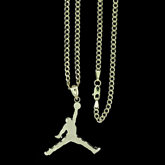 Mens 10K Yellow Gold Michael Jordan Jumpman Pendant With 2.5mm Cuban Link Chain Necklace Set