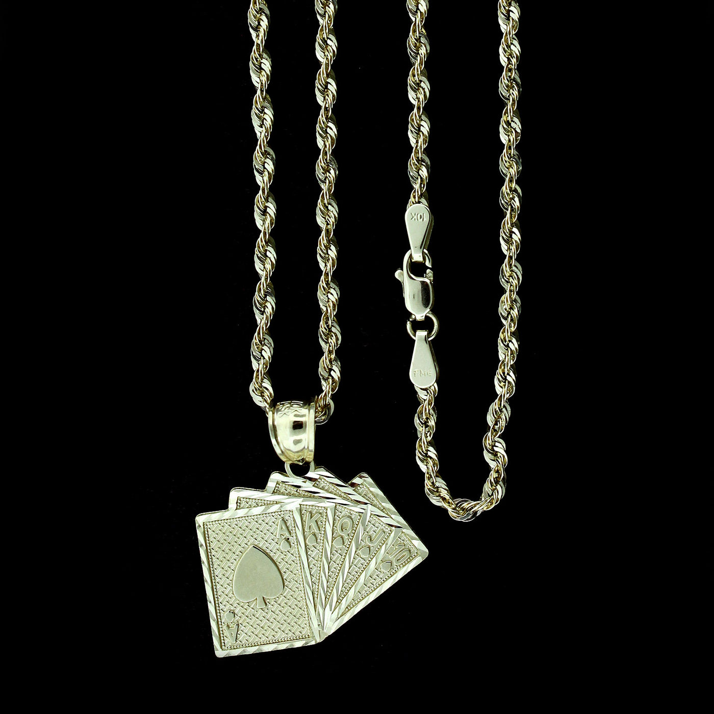 Mens 10K Solid Yellow Gold Ace of Spades Poker Playing Cards Pendant With 2.5mm Rope Chain Necklace Set