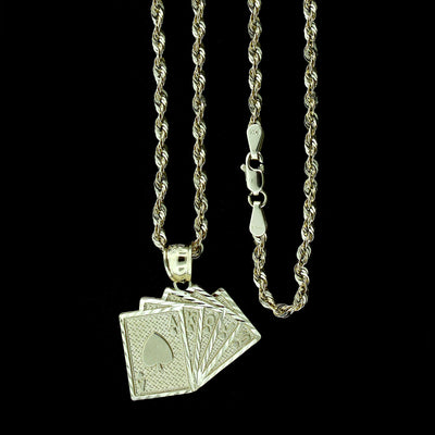 Mens 10K Solid Yellow Gold Ace of Spades Poker Playing Cards Pendant With 2.5mm Rope Chain Necklace Set